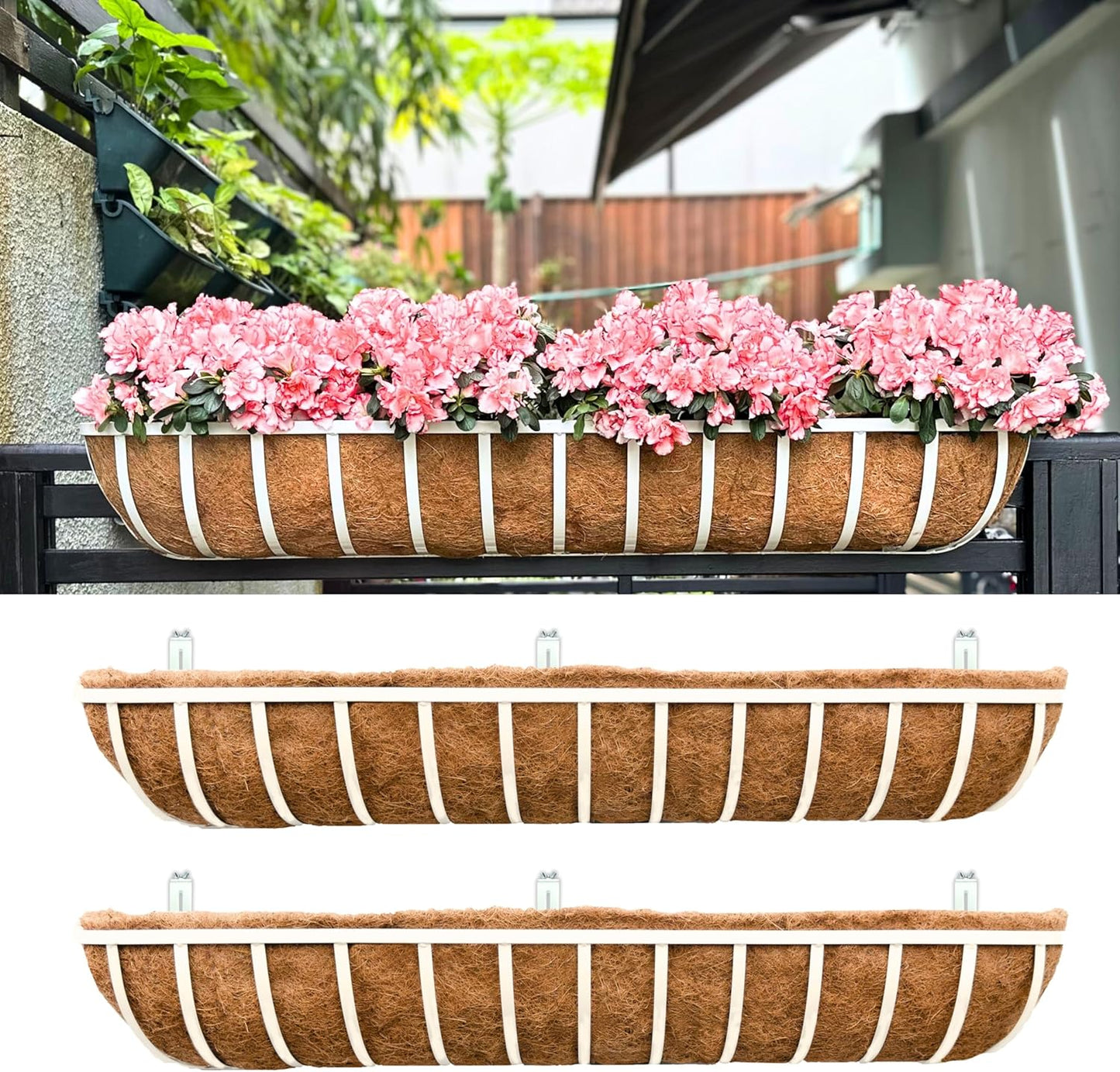 LaLaGreen Deck Railing Planter Boxes (2 Pack, 48 Inch) White Metal Rectangular Window Flower Box with Coco Liner, Wall Hanging Planters for Outdoor Plants Rail Fence Balcony Patio Porch Garden Decor