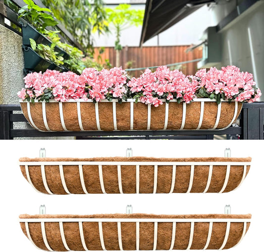 LaLaGreen Deck Railing Planter Boxes (2 Pack, 48 Inch) White Metal Rectangular Window Flower Box with Coco Liner, Wall Hanging Planters for Outdoor Plants Rail Fence Balcony Patio Porch Garden Decor