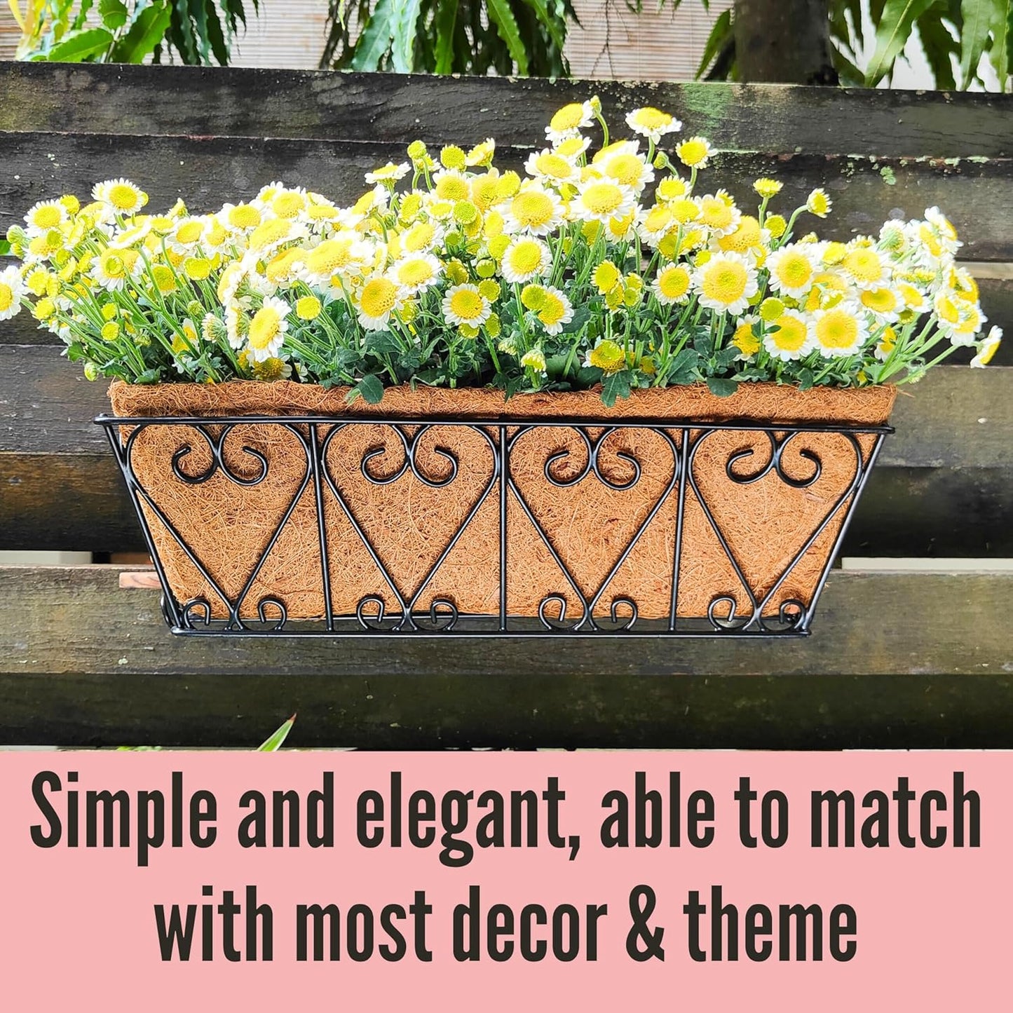 LaLaGreen Wall Planters - 2 Pack, 16 Inch Window Flower Boxes Outdoor, Deck Railing Hanging Metal Wire Basket Black with Coco Liners Horse Troughs Fence Balcony Garden Farmhouse Patio Porch Over Rail