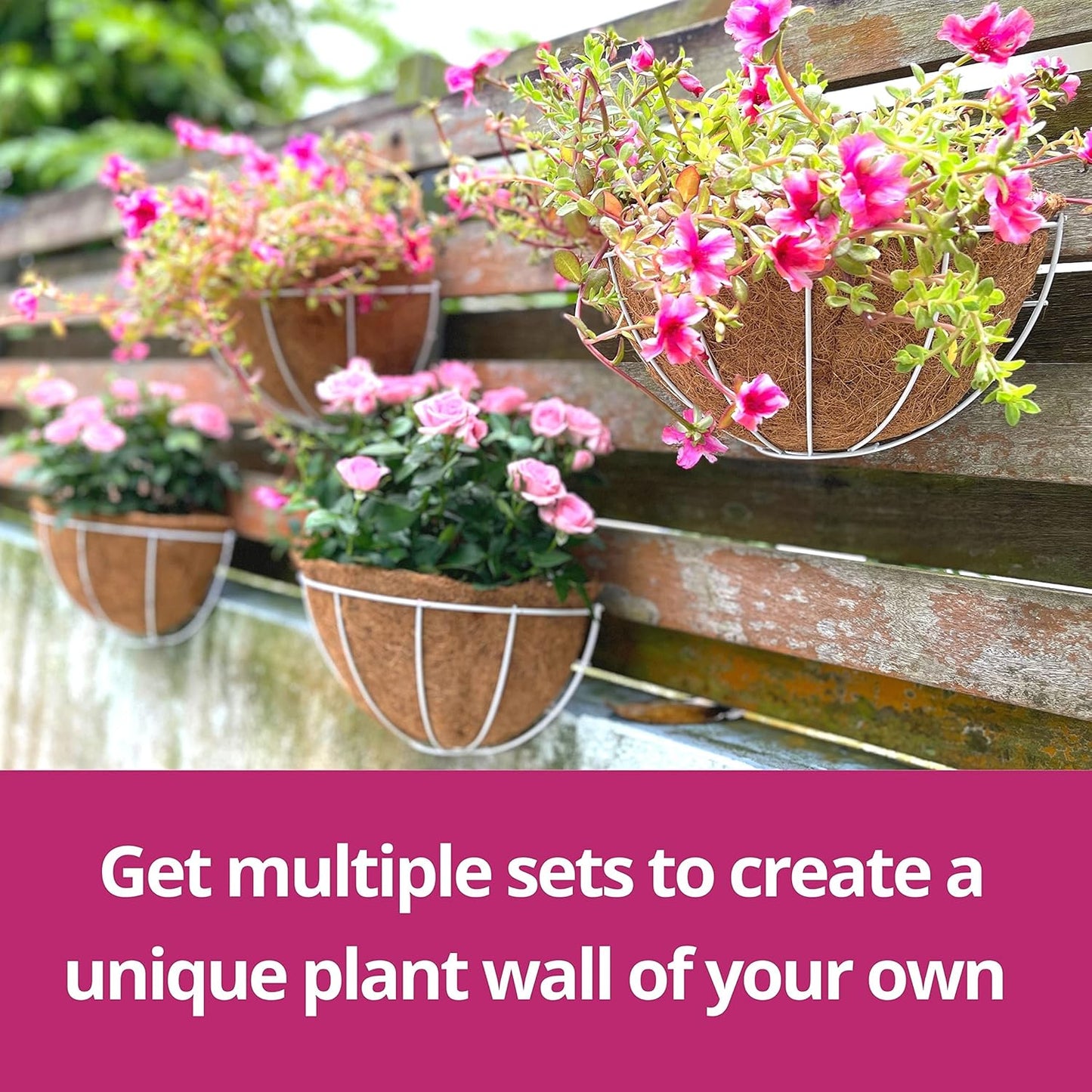 LaLaGreen Large Wall Planters, 2 Pack, 16 Inch Wall Hanging Pots with Coco Liner, White Metal Wire Rail Flower Basket Box Outdoor Outside Fence Railings Plant Holder Deck Porch Balcony Garden Decor