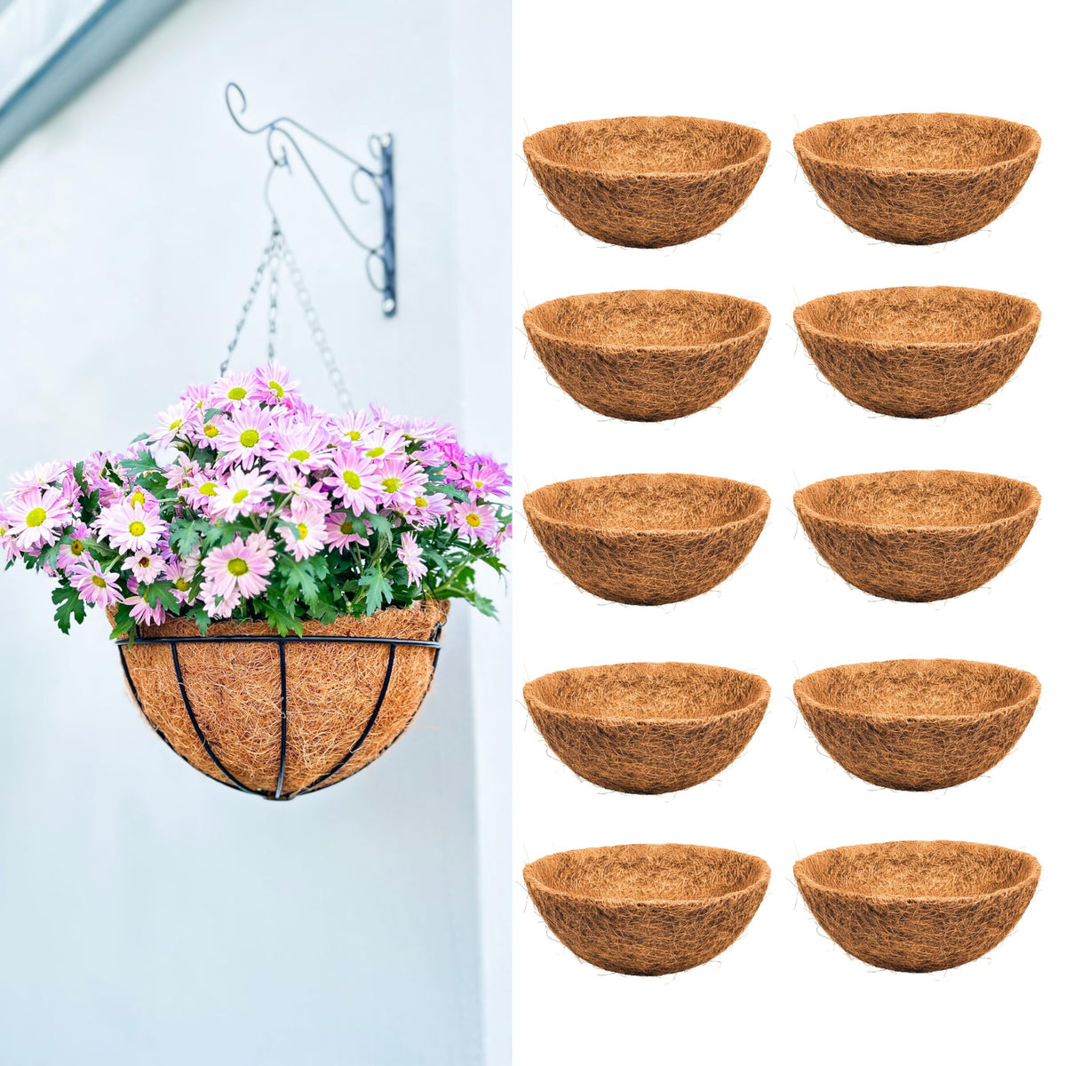 LaLaGreen 8'' (10 Pack, Round) Coco Liners for Hanging Basket – Small Coir Fiber Replacement for Flower Pot, Garden Holder, DIY Outdoor Planter – Multi Sizes 10/12/14/16/18/20 Inch & Different Shapes