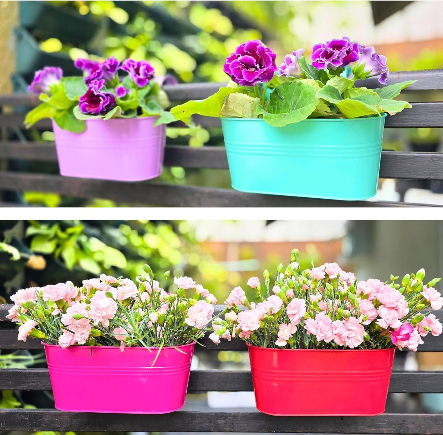 LaLaGreen Outdoor Hanging Planter (11.2 Inch, 6 Pack) Light Purple, Green, Yellow, Cadet Blue, Dark Pink, Red Metal Iron Window Box Flower Pot Deck Railings Balcony Fence Rail Porch Home Garden Decor