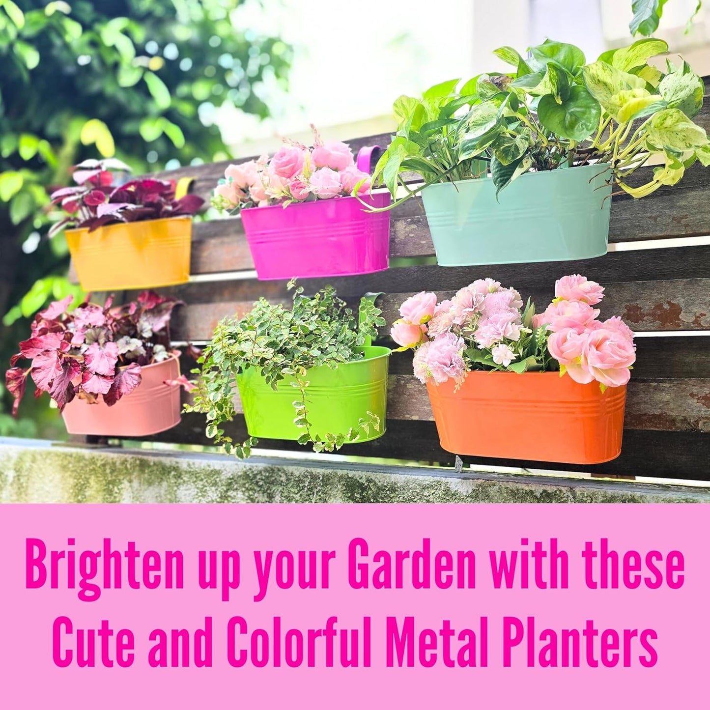 LaLaGreen Outdoor Hanging Planter (11.2 Inch, 6 Pack) Light Blue, Green, Neon Pink, Yellow, Orange, Peachy Pink Metal Iron Window Box Flower Pot Deck Railings Fence Rail Bucket Porch Home Garden Decor