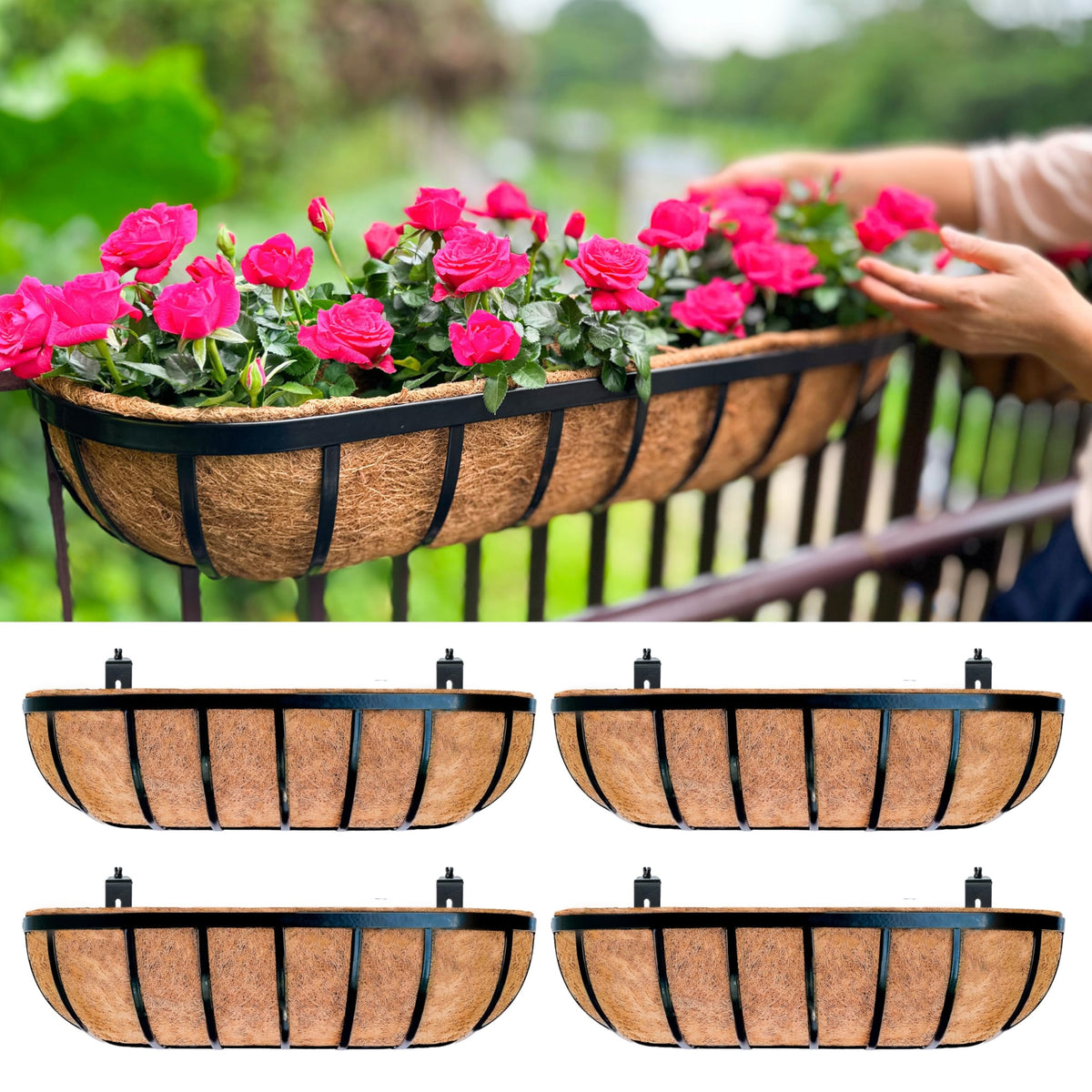 LaLaGreen Deck Railing Planter Boxes (16 Inch, 2 Pack) Black Metal Rectangular Hanging Planters with Coco Liner, Adjustable Flower Planter Box Brackets for Plants Fence Balcony Patio Porch Over Rail