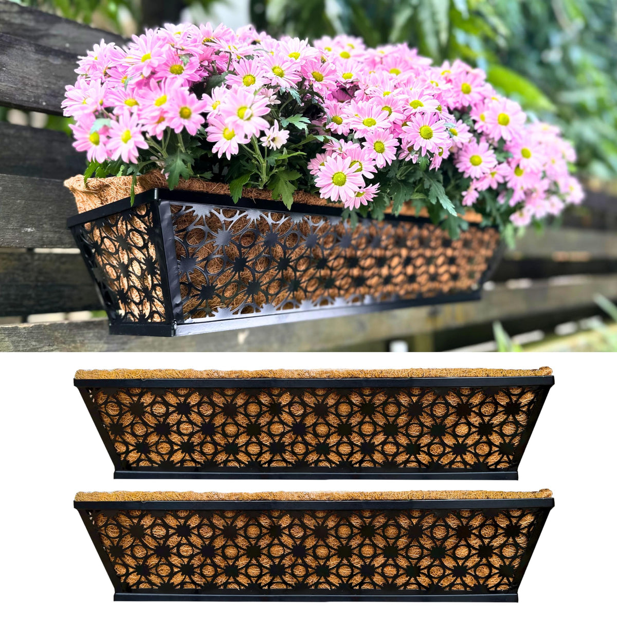 LaLaGreen Flower Wall Planter (12 in, 2 Pack) Black Metal Window Boxes