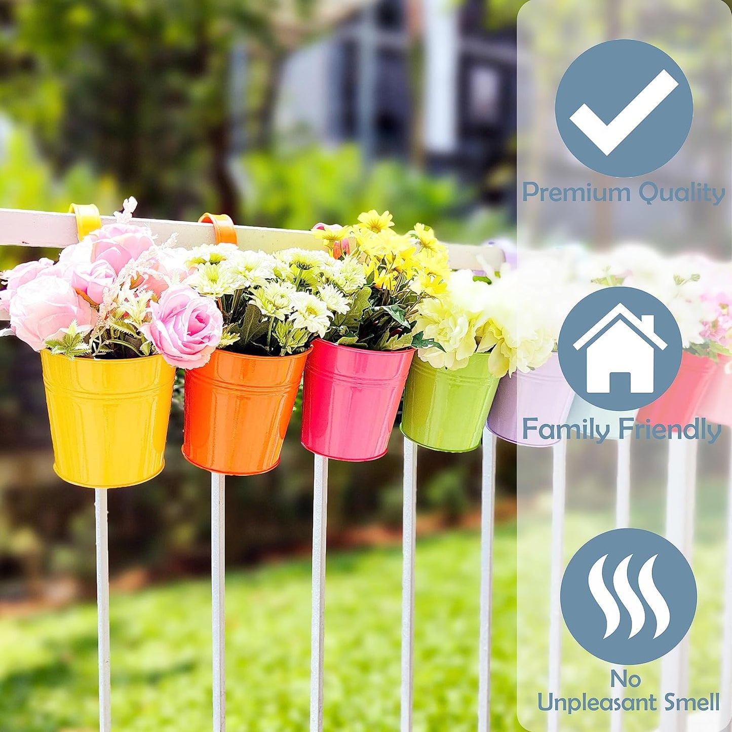 LaLaGreen Small Hanging Planters Outdoor - 10 Pack, 4 Inch Rainbow Planter Colorful Flower Pots Metal Iron, Rail Balcony Garden Deck Railing Plant Hanger Fence Wall, Herb Bucket Indoor Window Boxes