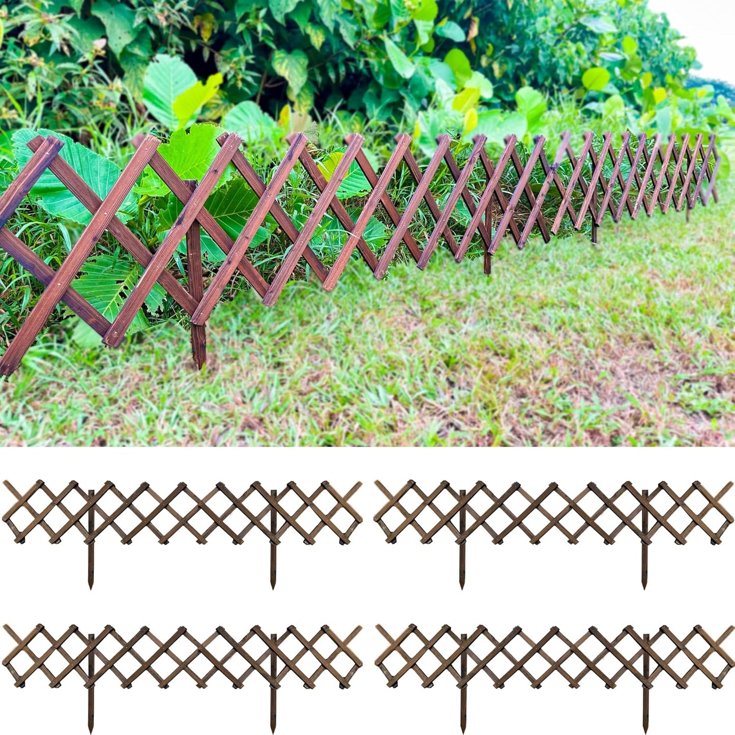 ShopLaLa Garden Fence- 2 Pack, Total 12ft (L) Wooden Lattice Flower Edging for Yard Lawn Landscape Patio Outdoor Decor, Expandable Plant Garden Trellis, Animal Barrier Fence No Dig Panel for Small Dog
