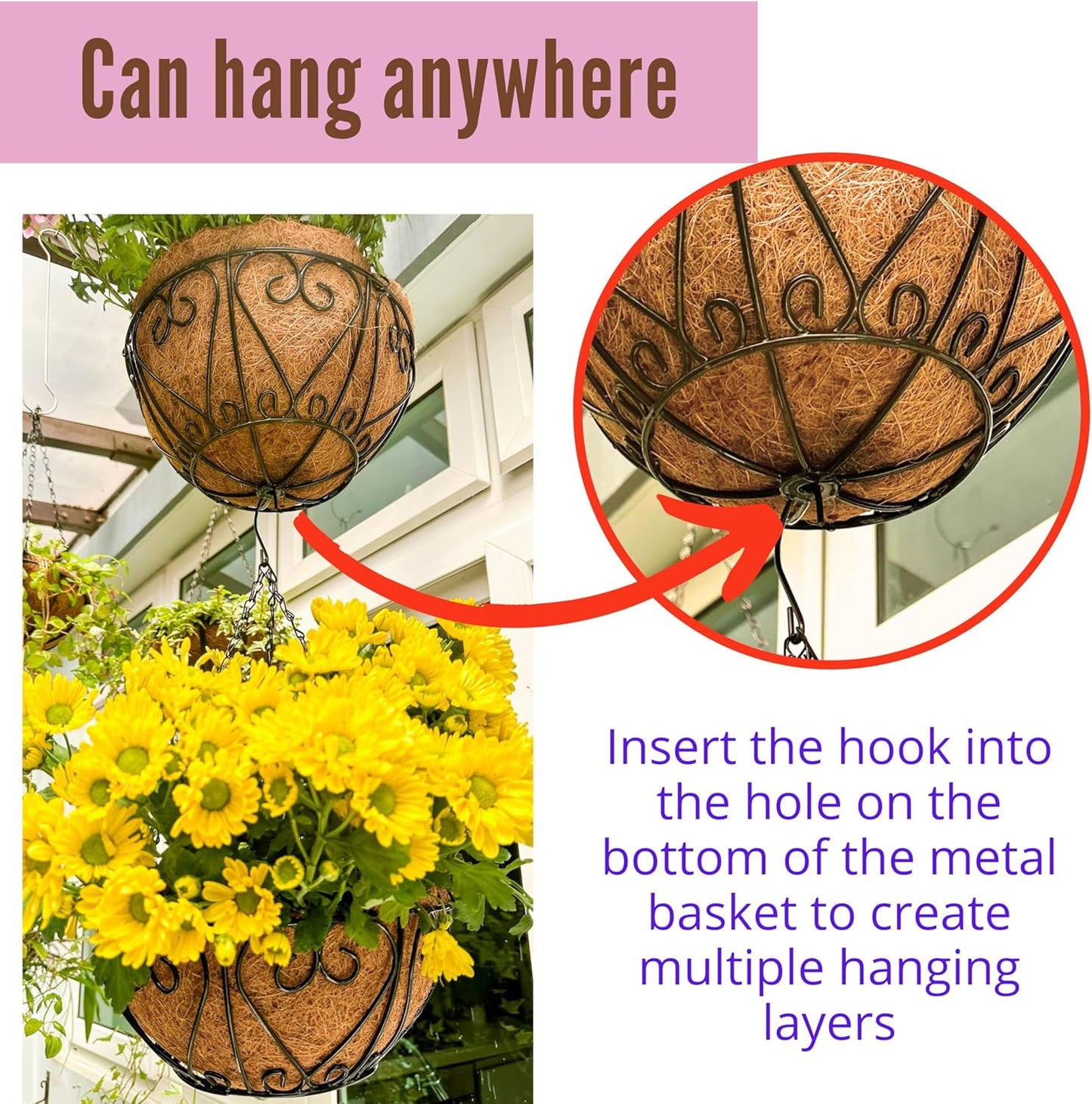 LaLaGreen Hanging Baskets for Plants (6 Pack, 16 Inch) Extra Large Hanging Flower Pot with Coco Liner Black Metal Wire Round Plants Holder with Hanger Hook Chain Outdoor Porch Patio Deck Balcony Decor