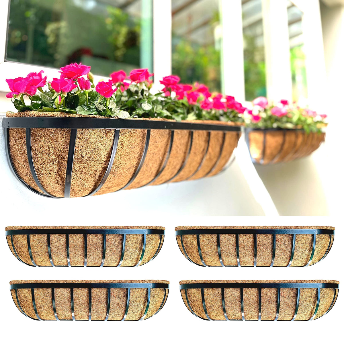 LaLaGreen Black Metal Wall Planter (24 in, 8 Pack) Window Flower Box Holder
