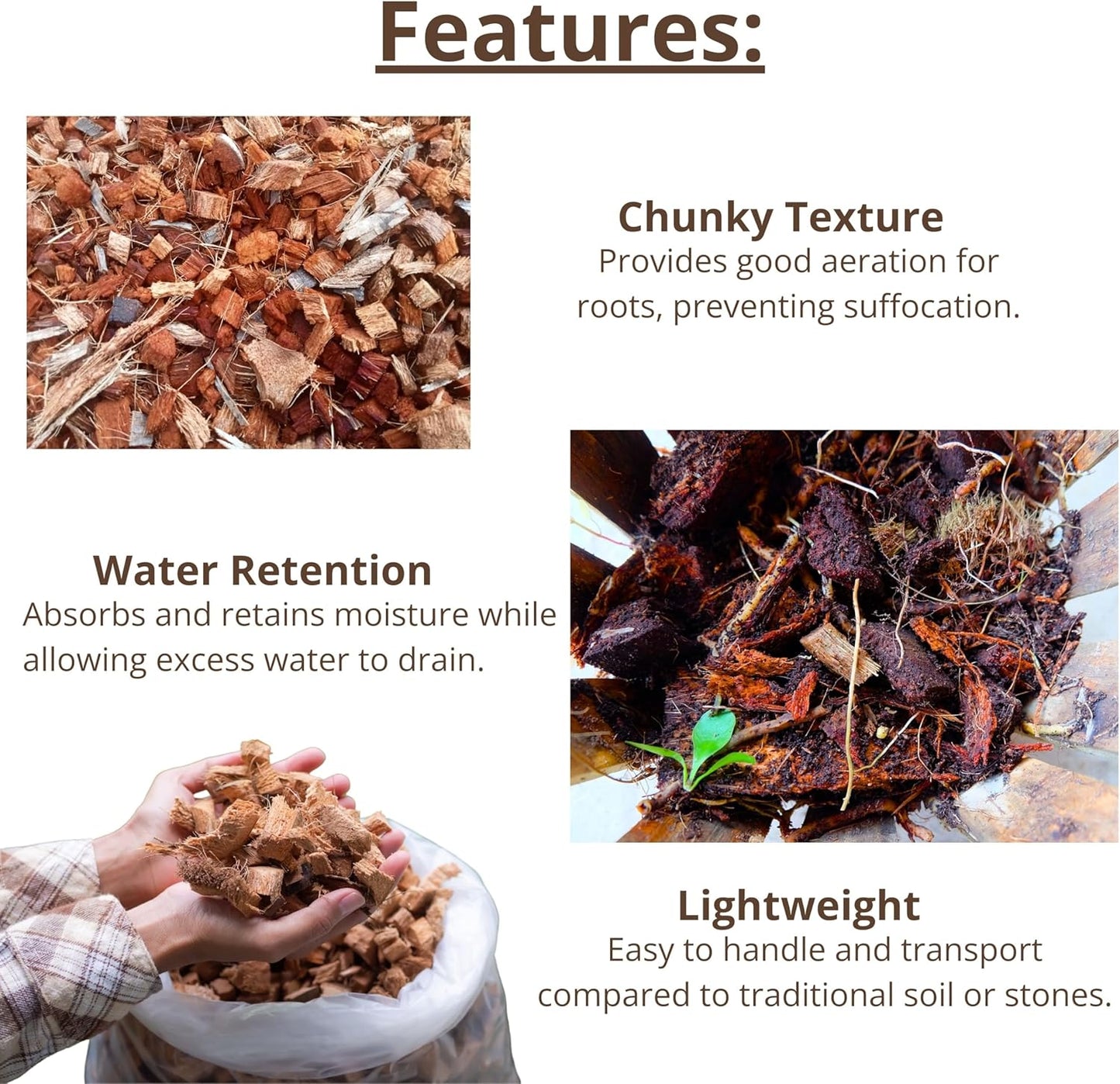 LaLaGreen Coconut Coir Chips for Plants (6 Pack, 500g) Indoor Herb Garden Seedling and Plant, Outdoor Planting Soil Vegetable Flower Orchids, Organic Compressed Coco Fiber Husk Chips Brick Peat Moss