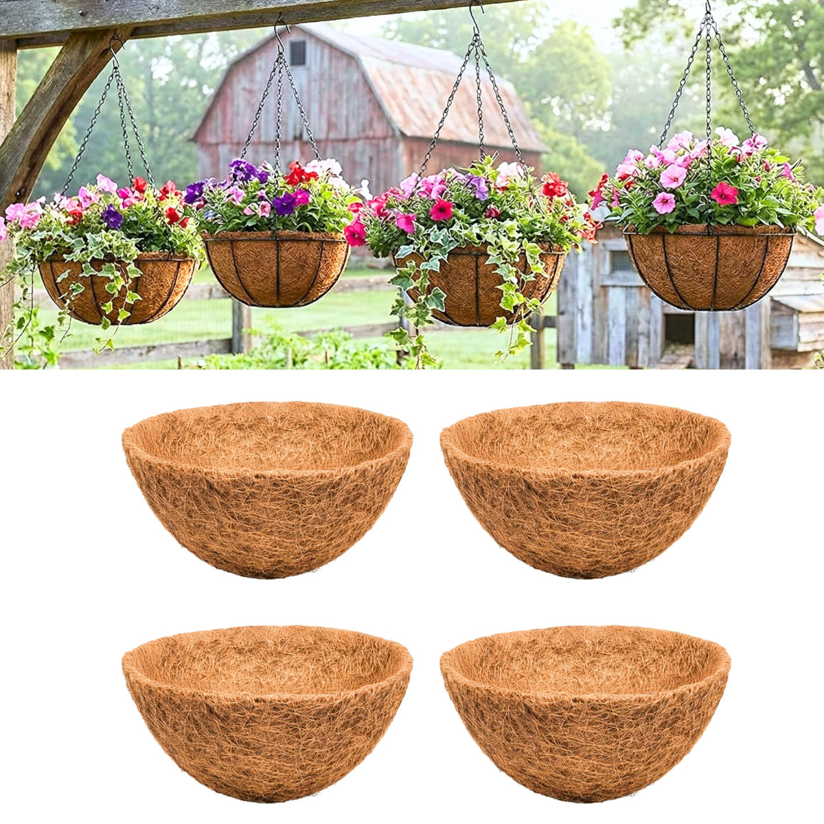 LaLaGreen 14" (4 Pack, Round) Coco Liners for Hanging Basket – Medium Coconut Coir Replacement for Garden Flower Pot, Outside Planter Holder, Farmhouse– Multi Sizes 8/10/12/16/18/20 Inch & Shapes