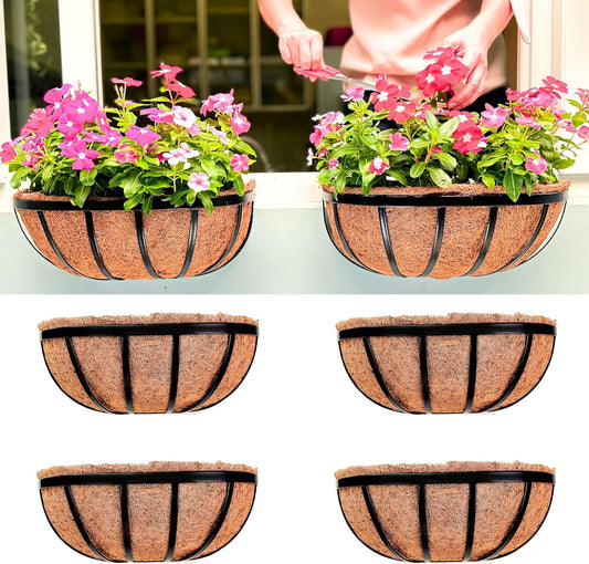 LaLaGreen Wall Planters for Outdoor Plant (16 Inch, 4 Pack) Deck Railing Planter Boxes for Outside Plants Window Flower Box with Coco Liners Metal Horse Troughs Fence Garden Herb Patio Porch over Rail