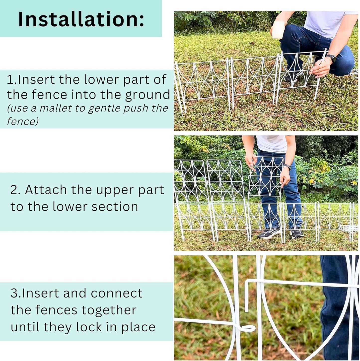 ShopLaLa Decorative Garden Fence (10 Panels) 12.5in(L) x 31in(H) Animal Barrier Fencing Rustproof White Metal Wire Flower Edging for Landscape, Tall Large No Dig Fences Back Yard Pet Porch Gate D-F30D