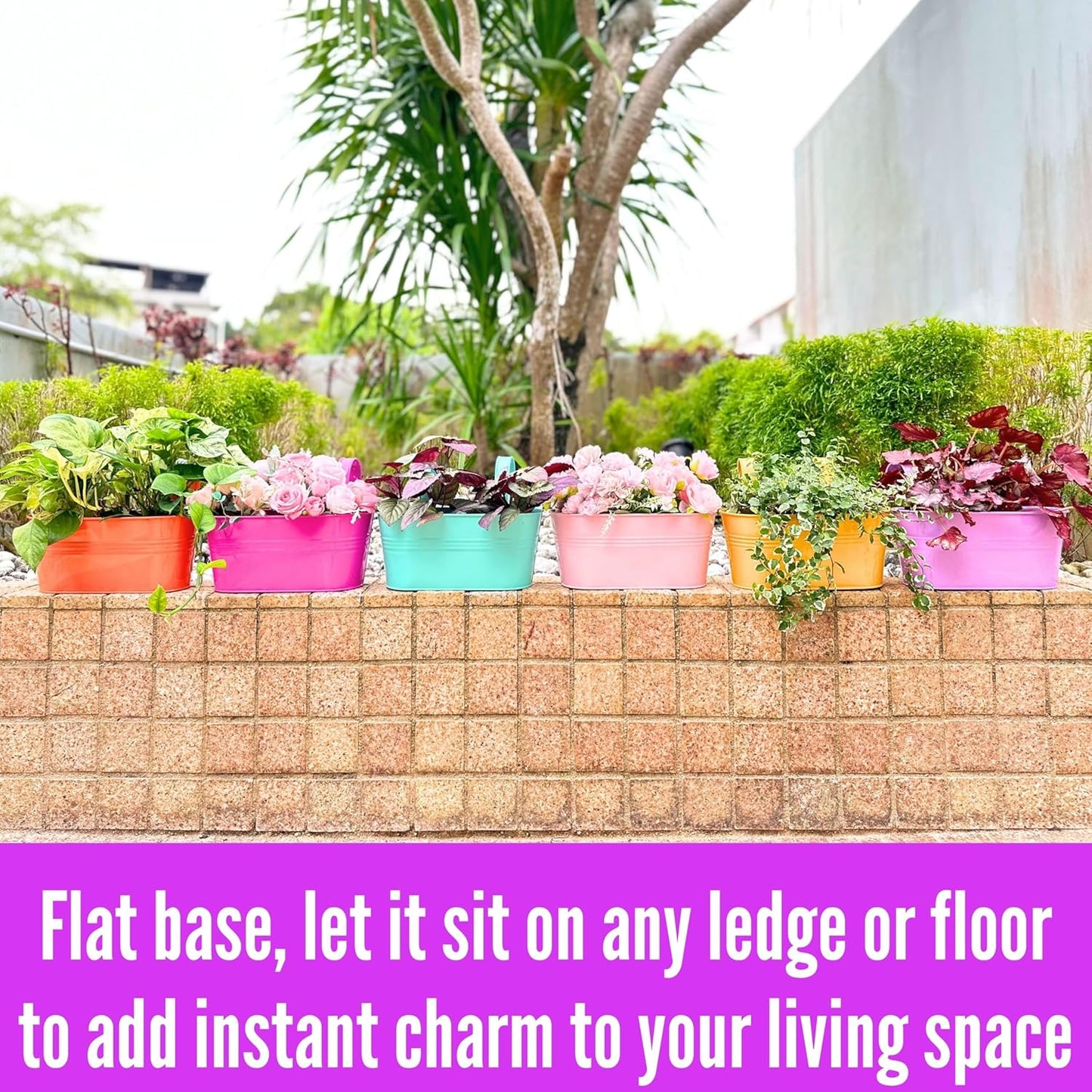 LaLaGreen Outdoor Hanging Planter (11.2 Inch, 6 Pack) Light Pink, Light Purple, Turquoise, Neon Pink, Yellow, Orange Metal Iron Window Box Flower Pot Deck Railings Fence Buckets Porch Garden Decor