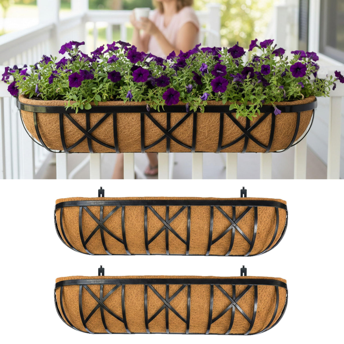 LaLaGreen 36 Inch, 2 Pack Railing Planters with Coir Liner – Large Black Metal Window Boxes with Adjustable Brackets for Wall Mounting, Herb Pots, Balcony & Fence Planter for Patio, Porch, Garden