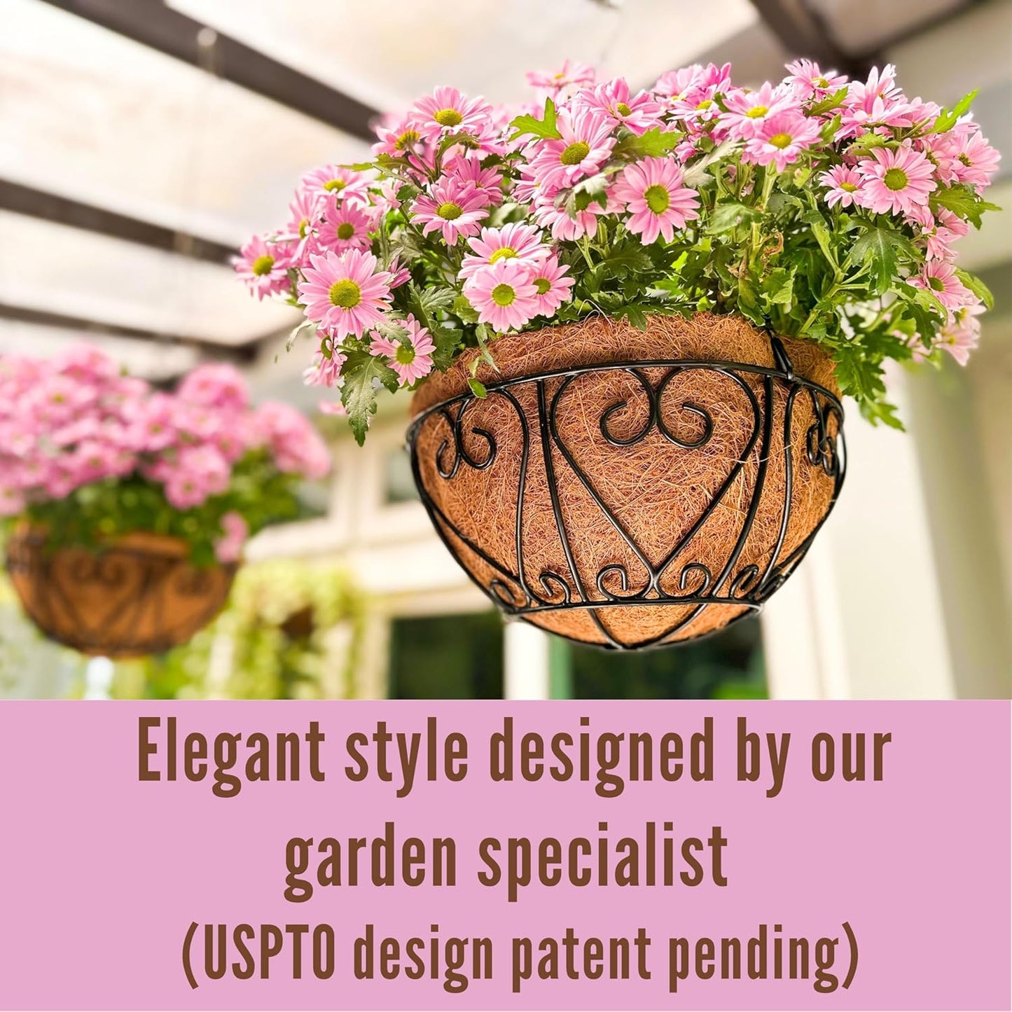 LaLaGreen Hanging Baskets for Plants (4 Pack, 14 Inch) Hanging Flower Pots with Coco Liner, Black Metal Wire Round Basket Plant Holder with Hanger Hook Chain, Outdoor Patio Deck Balcony Garden Decor