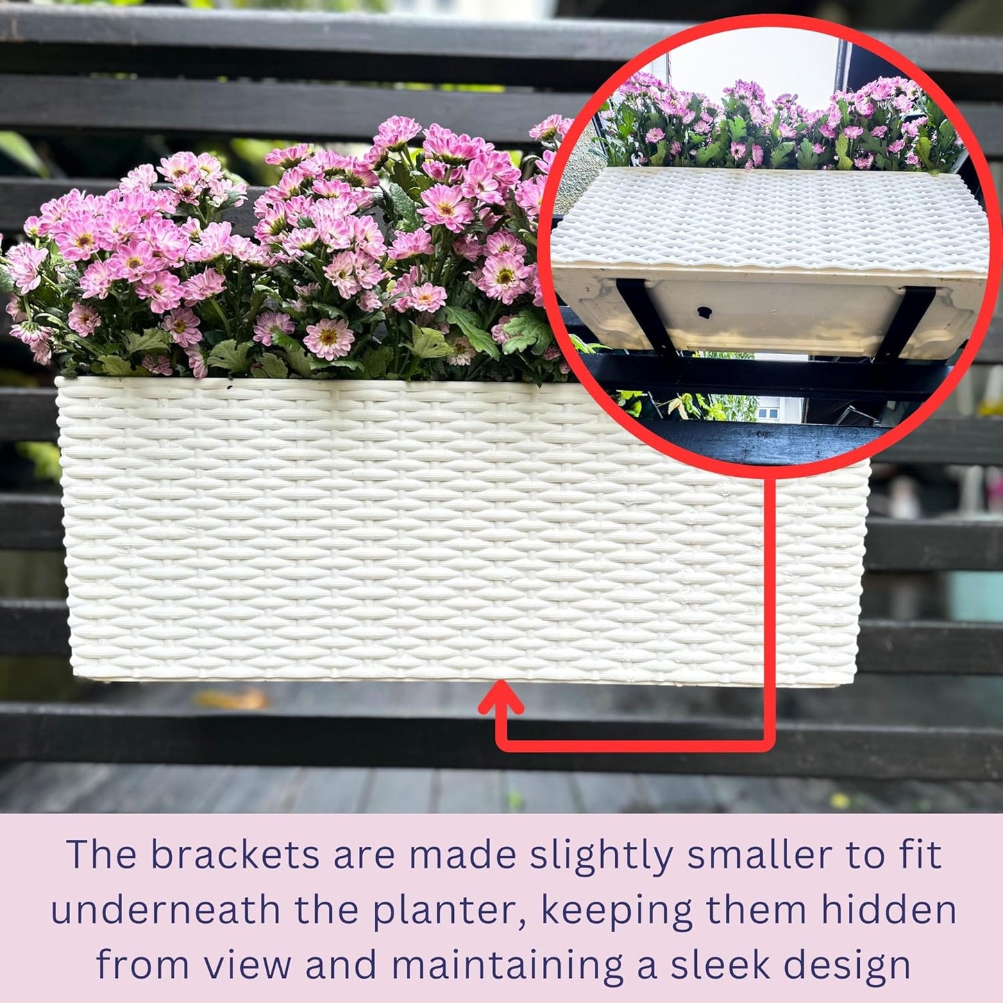 LaLaGreen Outdoor Rail Planter for Balcony - (2 Pack, 20 Inch) Large White Railing Planters with Brackets, Rectangular Plastic Deck Fence Modern Window Flower Box, Designer Choice with Rattan Pattern