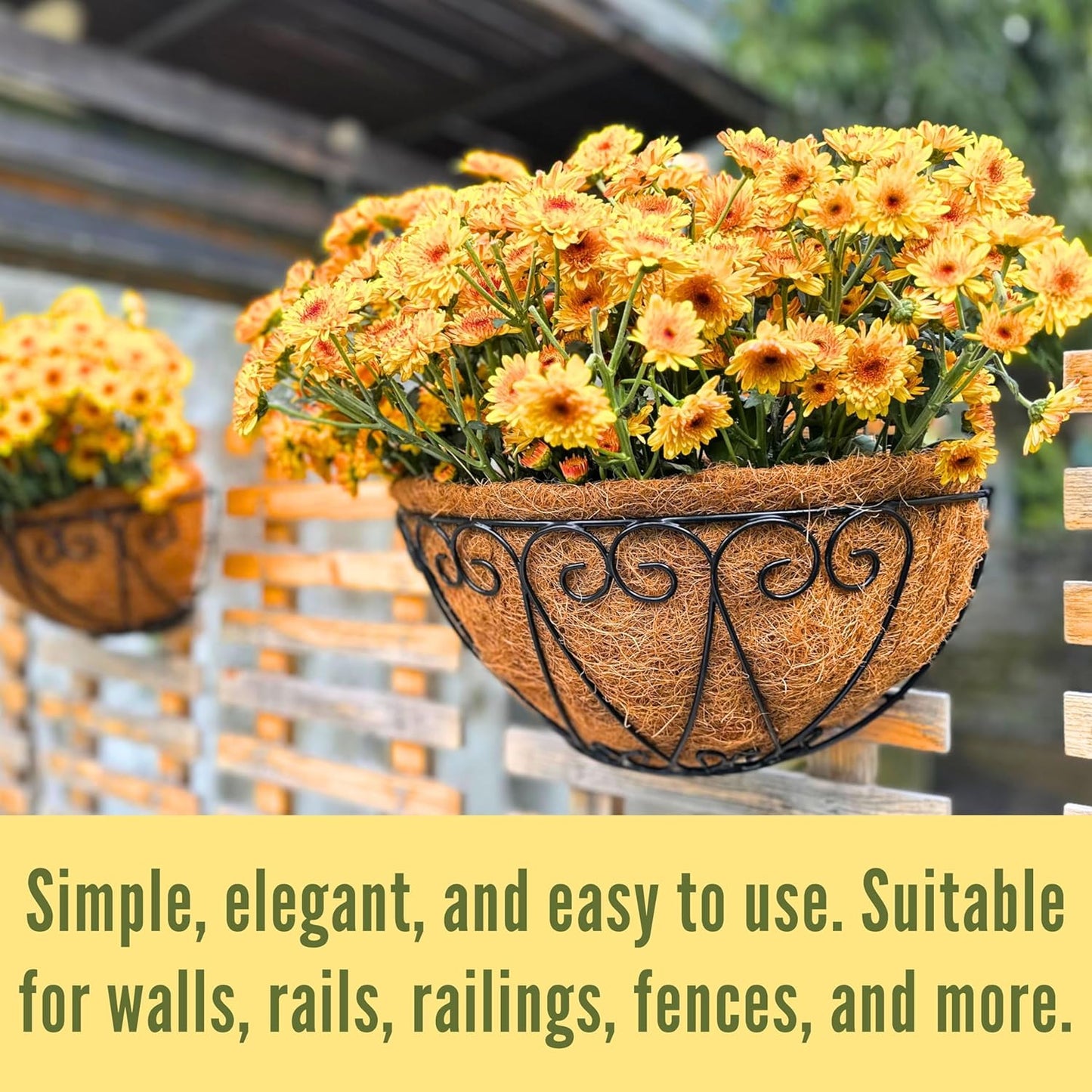 LaLaGreen Outdoor Wall Planters (2 Pack, 14 Inch) Black Metal Wall Mounted Hanging Basket with Coco Liner, Semi-Circle Flower Pot Plant Holder for Fence Railing Deck Porch Balcony French Garden Decor