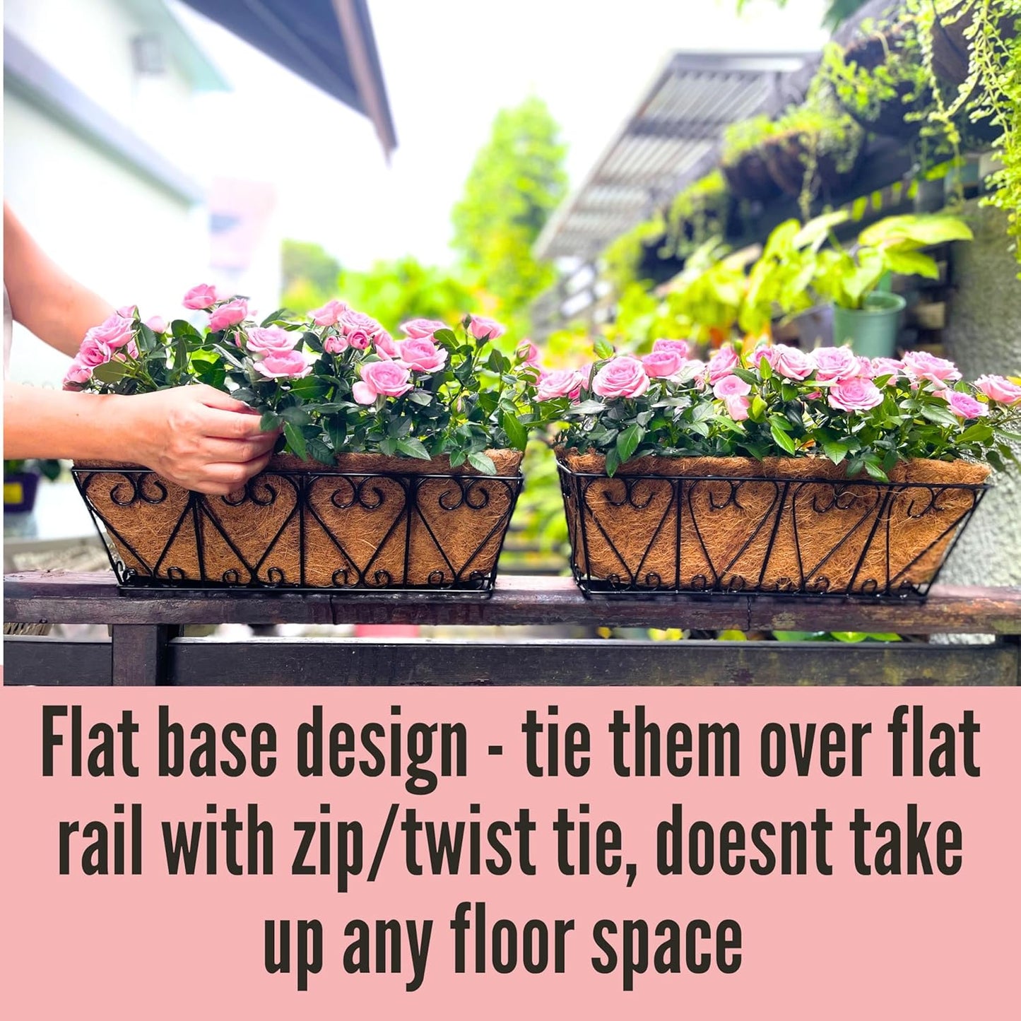 LaLaGreen Wall Planters - 2 Pack, 16 Inch Window Flower Boxes Outdoor, Deck Railing Hanging Metal Wire Basket Black with Coco Liners Horse Troughs Fence Balcony Garden Farmhouse Patio Porch Over Rail