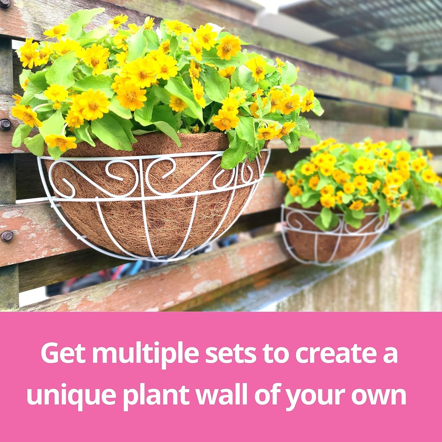 LaLaGreen Wall Mounted Flower Baskets (2 Pack, 12 Inch) Wall Hanging Planter with Coco Liner for Outdoor Plants, White Metal Wire Elegant Herb Pots Holder Fence Railing Deck Porch Balcony Garden Patio