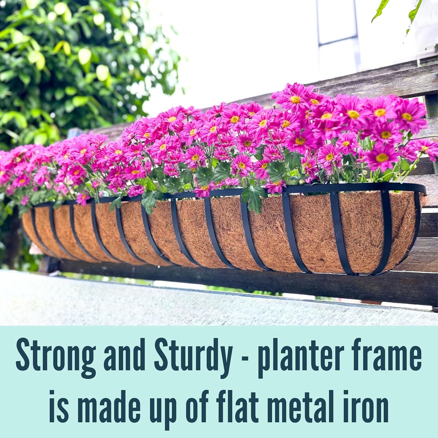 LaLaGreen Wall Hanging Planter Outdoor (48 Inch, 2 Pack) Large Window Flower Box with Coco Liners, Black Metal Rectangular Plant Holder Attach to House Horse Trough Fence Balcony Modern Porch Patio