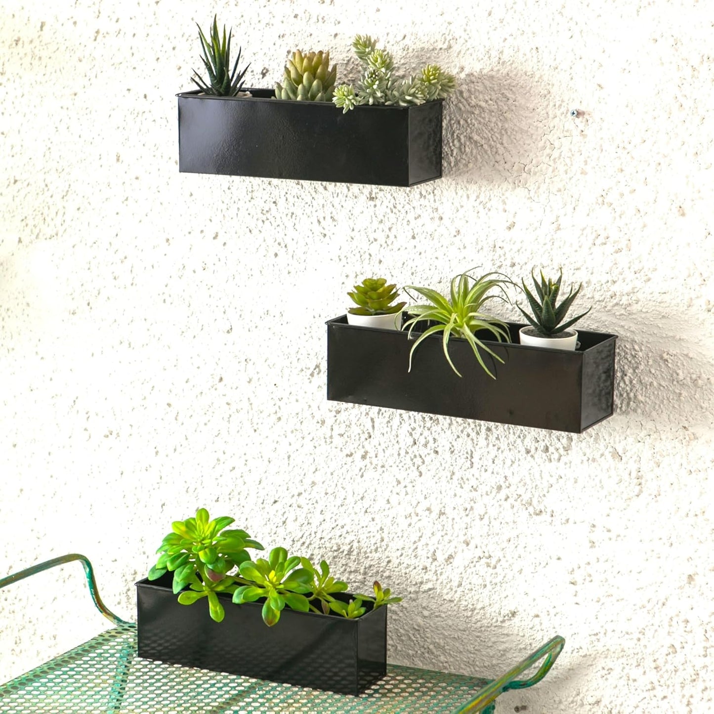 LaLaGreen Wall Planter (3 Pack, 12 Inch) Large Wall Mount Succulent Planters Black, Wall Hanging Rectangular Metal Flower Pot Window Planter Box Fence Railing Minimalist Floating Shelve Indoor Outdoor