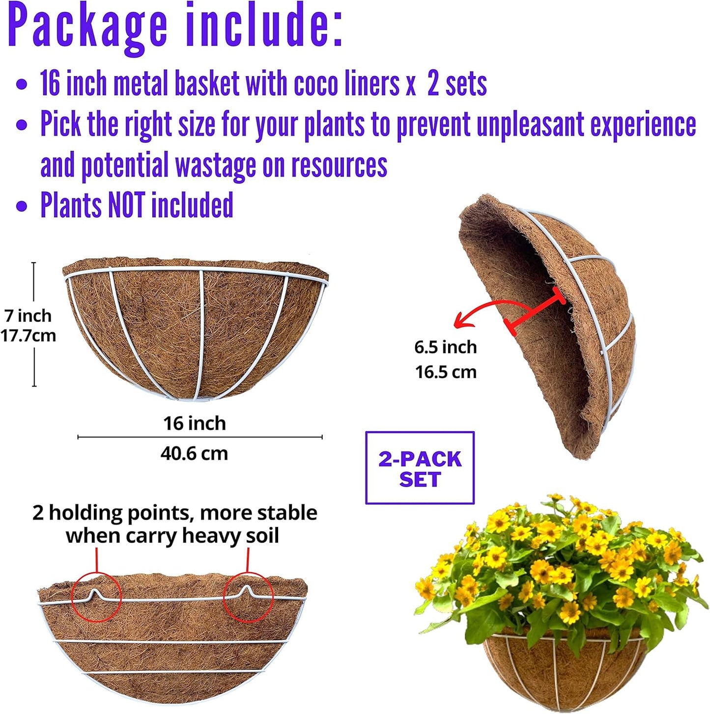 LaLaGreen Large Wall Planters, 2 Pack, 16 Inch Wall Hanging Pots with Coco Liner, White Metal Wire Rail Flower Basket Box Outdoor Outside Fence Railings Plant Holder Deck Porch Balcony Garden Decor