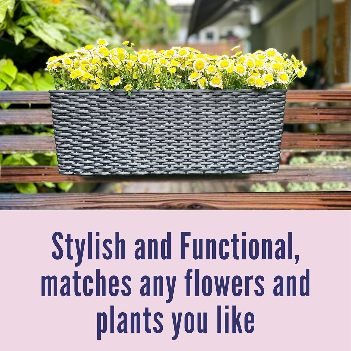 LaLaGreen Deck Railing Planter Box (4 Pack, 20 Inch) Black Rectangular Window Flower Boxes with Bracket, Self Watering System Hanging Planter Box for Outdoor Plant Container Herb Rail Fence Balcony