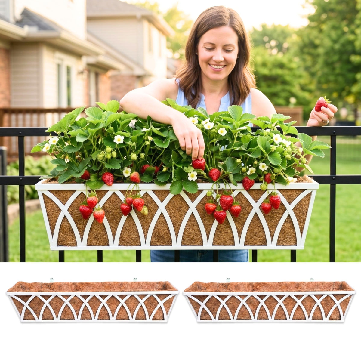 LaLaGreen Deck Railing Planter Outdoor (2 Pack, 30") Rectangular Window Flower Box with Coco Liner, White Metal Wall Hanging Planters Plant Holder Mounted Horse Troughs Rail Fence Patio Garden Decor