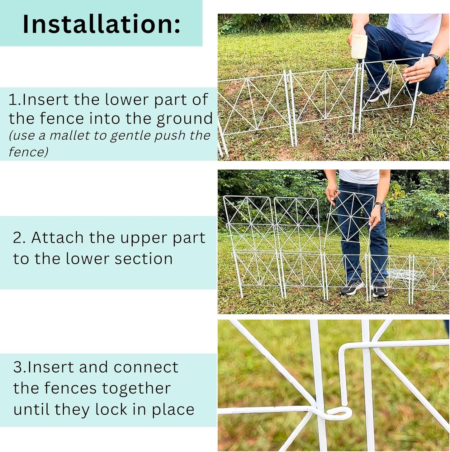 ShopLaLa Decorative Garden Fence (10 Panels) 12.5in(L) x 31in(H) Animal Barrier Fencing Rustproof White Metal Wire Flower Edging for Landscape, Dog Yard Gates Fences Tall No Dig Outdoor Decor D-F30B