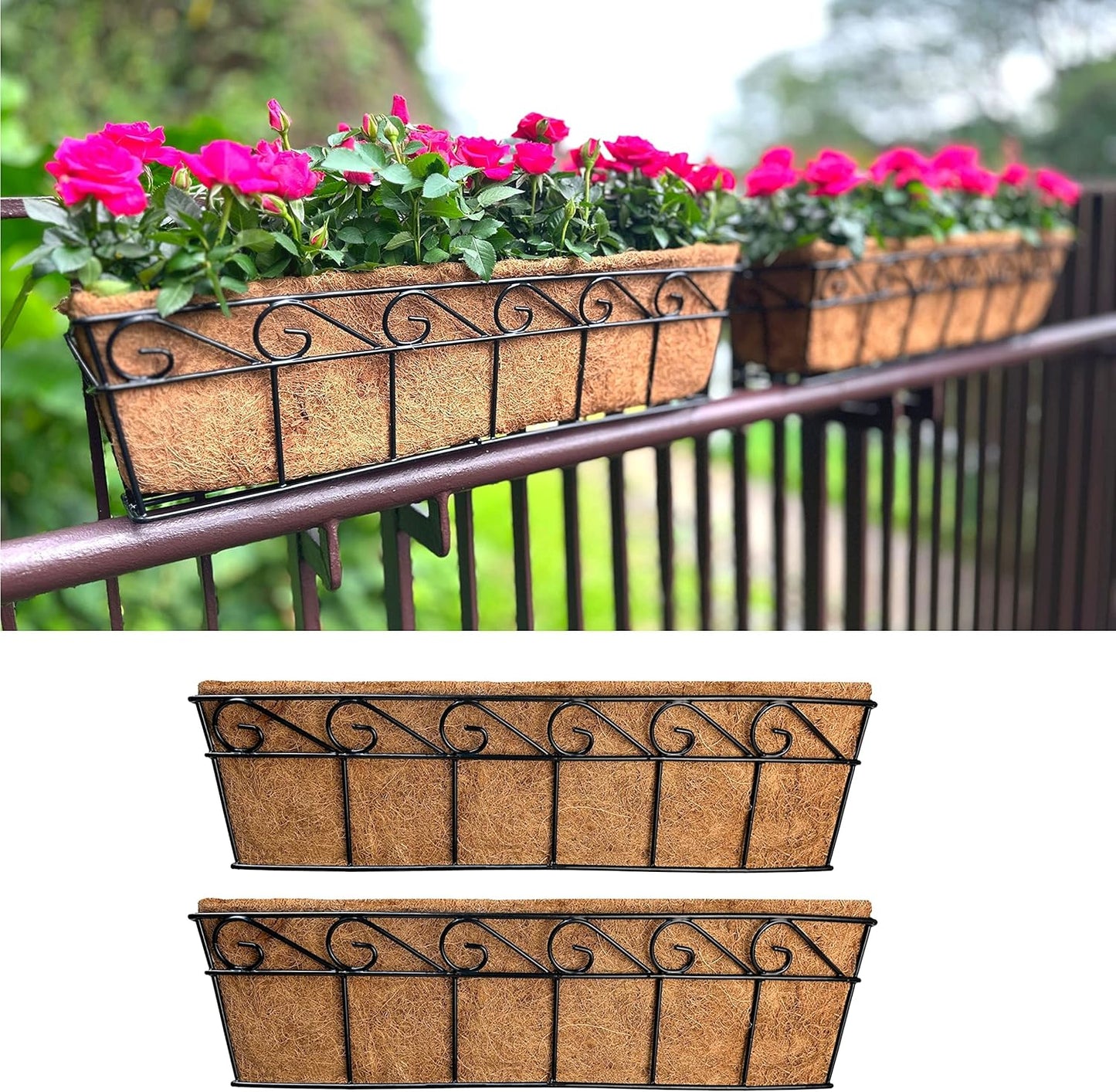 LaLaGreen Wall Mounted Planters - 16 Inch, 4 Pack Window Flower Boxes Basket Outdoor, Balcony Planter Over The Rail, Deck Railing Hanging with Coco Liners, Metal Horse Troughs Fence Patio Porch