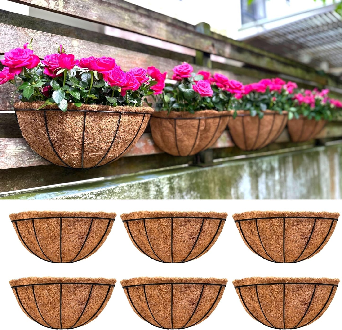 LaLaGreen Wall Planters for Outdoor Plants, 4 Pack, 12 Inch Half Round Plant Holder with Coco Liner, Metal Wire Flower Herb Baskets Window Boxes Outside Fence Railing Pots Deck Porch Balcony Garden