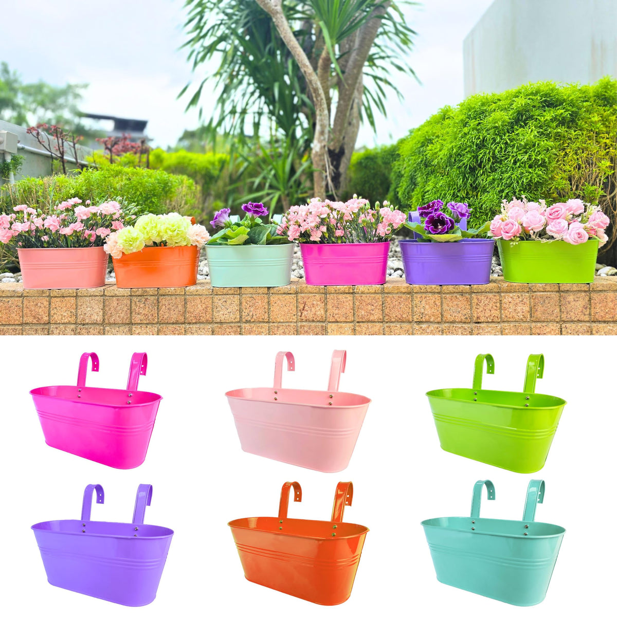 LaLaGreen Colorful Oval Metal Railing Planter Boxes