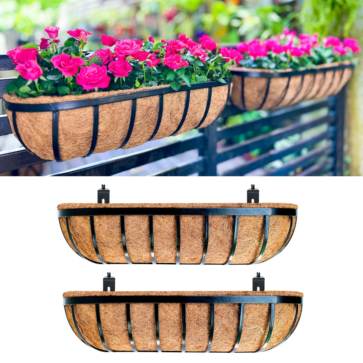 LaLaGreen Deck Railing Planter Boxes (16 Inch, 2 Pack) Black Metal Rectangular Hanging Planters with Coco Liner, Adjustable Flower Planter Box Brackets for Plants Fence Balcony Patio Porch Over Rail
