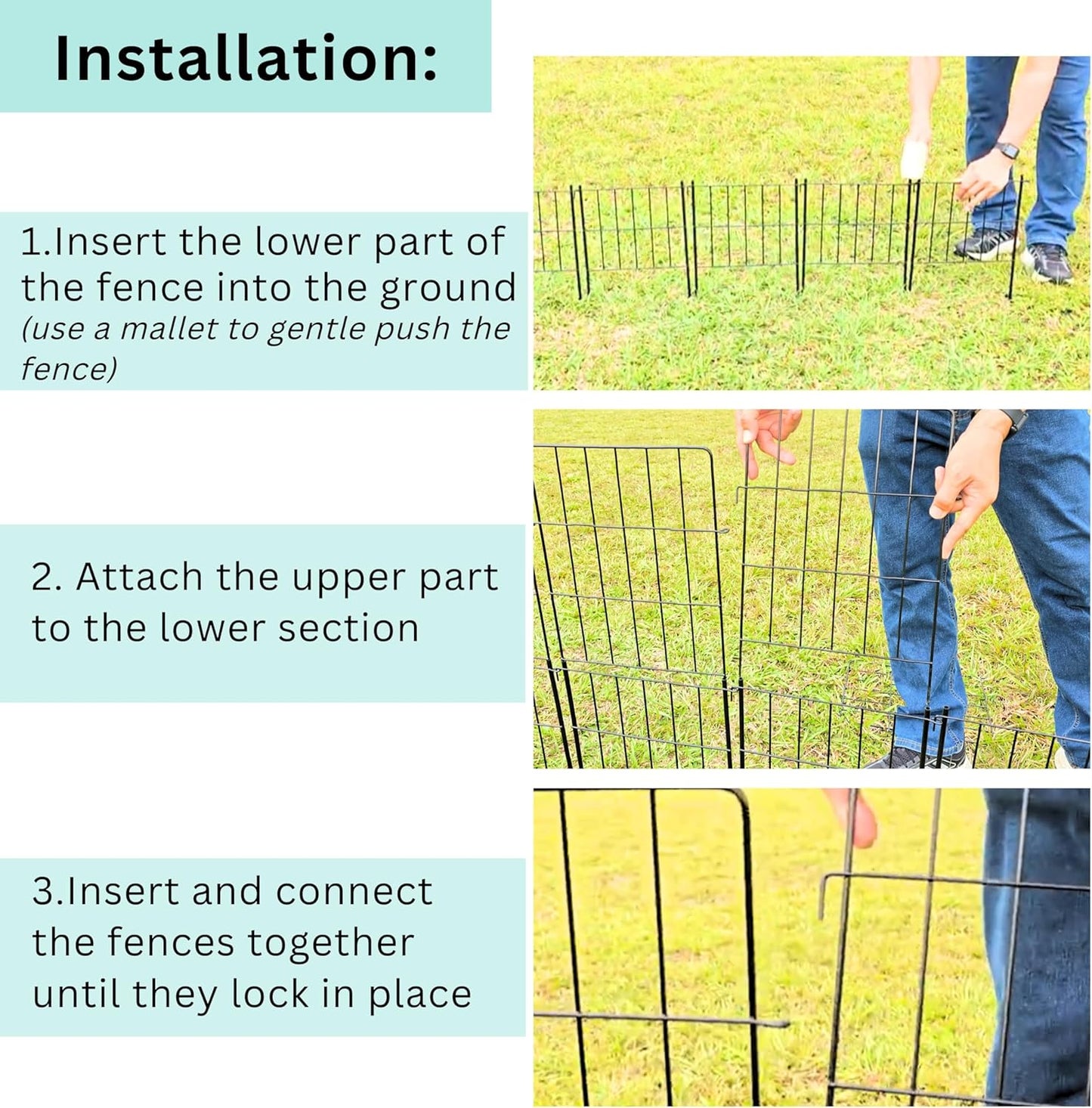 ShopLaLa Decorative Garden Fence Outdoor (10 Panels) 12.5in(L) x 31in(H) Animal Barrier Fencing Rustproof Black Metal Wire Flower Edging for Landscape, Small Dog No Dig Fences Backyard Gate D-F30A