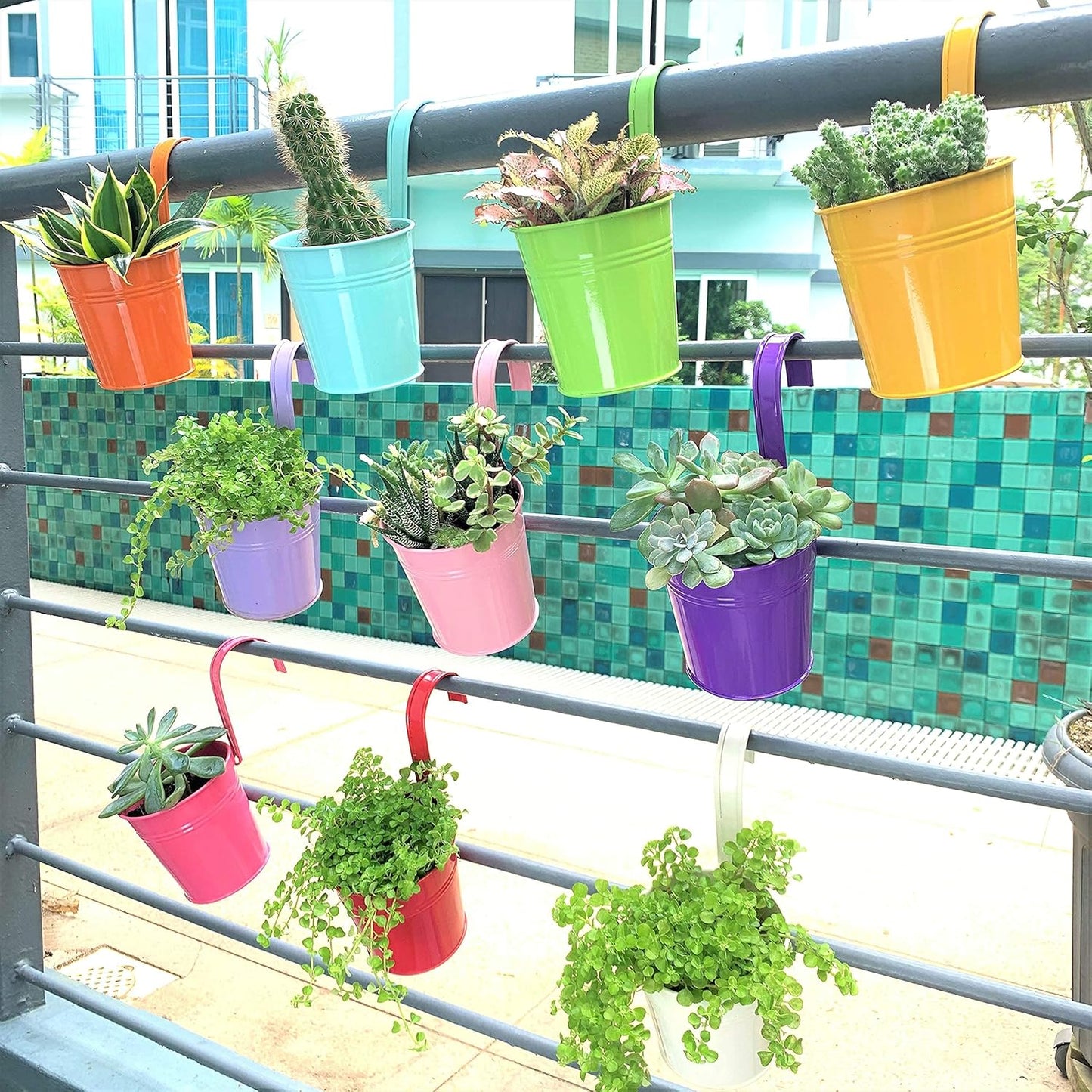 LaLaGreen Small Hanging Planters Outdoor - 10 Pack, 4 Inch Rainbow Planter Colorful Flower Pots Metal Iron, Rail Balcony Garden Deck Railing Plant Hanger Fence Wall, Herb Bucket Indoor Window Boxes