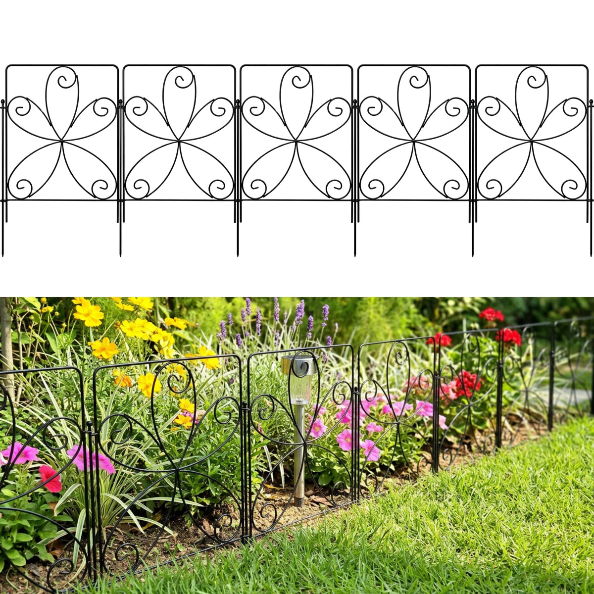 ShopLaLa Garden Fencing (20 Panels) 12.5in(L) x 16.5in(H) Animal Barrier for Dog, Rustproof Black Metal Wire Fence, Decorative Floral Flower Bed Edging Landscape Border Yard Patio Outdoor Decor Fence