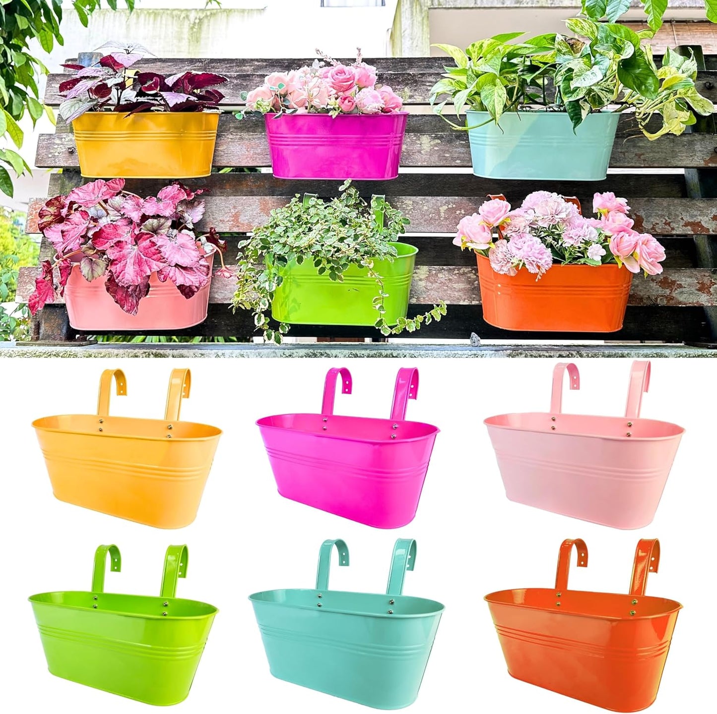 LaLaGreen Outdoor Hanging Planter (11.2 Inch, 6 Pack) Light Pink, Light Purple, Turquoise, Neon Pink, Yellow, Orange Metal Iron Window Box Flower Pot Deck Railings Fence Buckets Porch Garden Decor