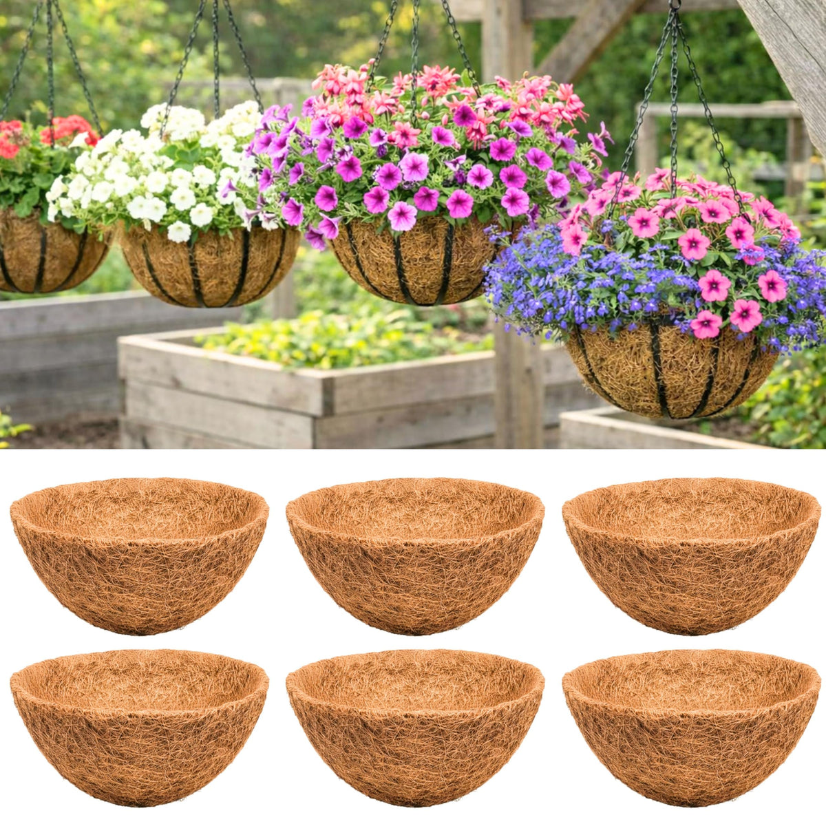 LaLaGreen 16" (6 Pack, Round) Coco Liners for Hanging Basket – Medium Coir Replacement for Garden Pot, Outside Planter Holder, Farmhouse Decor – Multi Sizes 8/10/12/14/18/20 Inch & Different Shapes