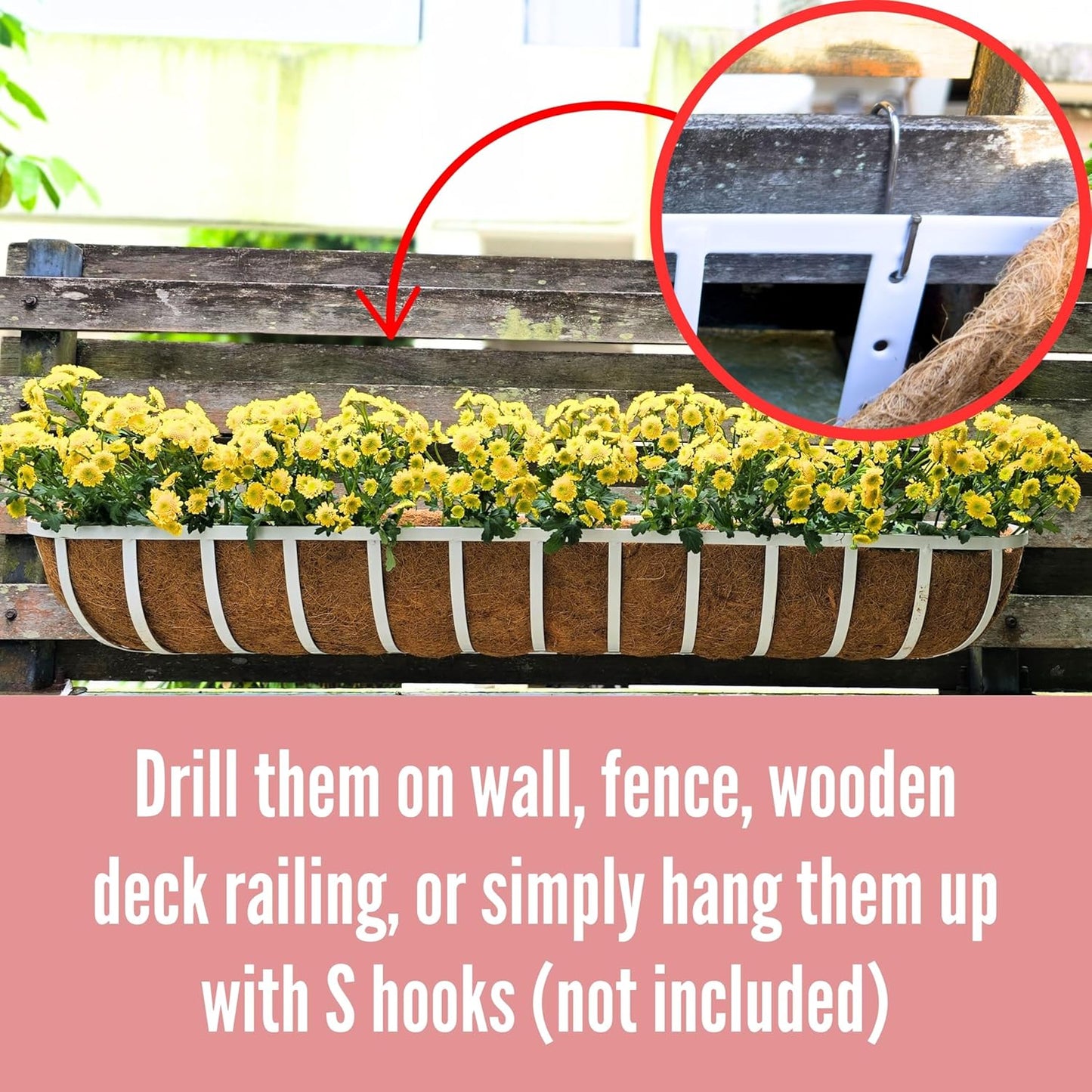 LaLaGreen Window Planter Boxes (48 Inch, 2 Pack) Deck Railing Flower Box with Coco Liner, White Metal Rectangular Wall Planters for Outdoor Plants Fence Balcony Horse Trough Garden Herb Patio Porch