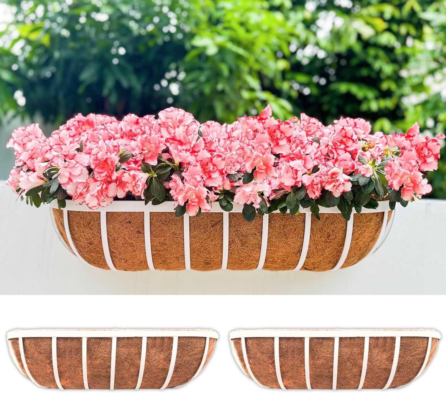 LaLaGreen Outoor Planter Boxes (36 Inch, 2 Pack) White Metal Deck Railings Flower Box with Coco Liners, Rectangular Wall Planters for Window Plants Horse Troughs Fence Balcony Modern Herb Patio Porch