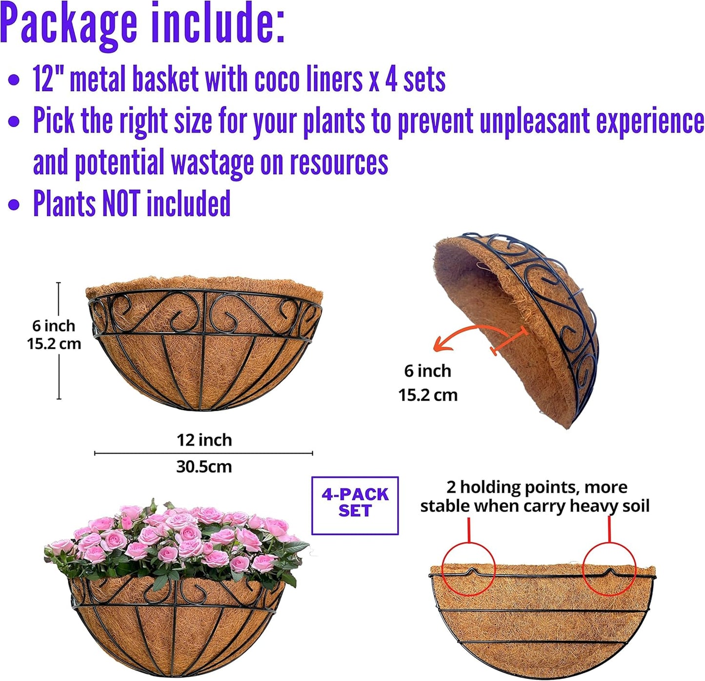 LaLaGreen Wall Hanging Planters, 4 Pack, 12 Inch Balcony Flower Baskets with Coco Liner Outside, Outdoor Vertical Garden, Fence Pots Holder Half Round Semi Circle Rail Railing Deck Porch Balcony Patio