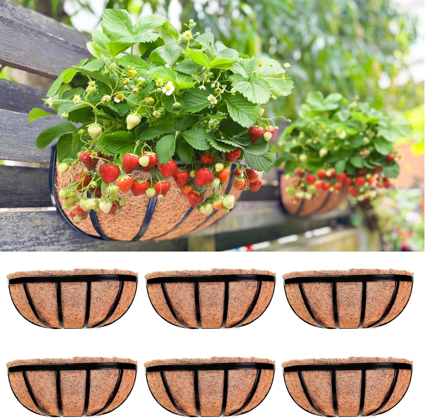 LaLaGreen Wall Planters for Outdoor Plant (16 Inch, 6 Pack) Deck Railing Planter Boxes for Outside Plants, Window Flower Box with Coco Liners Metal Horse Troughs Fence Balcony Garden Patio Porch Rail