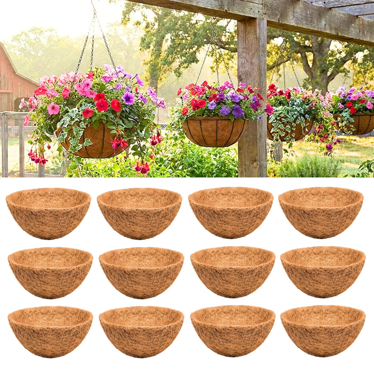LaLaGreen 12'' (12 Pack, Round) Coco Liners for Hanging Basket – Small Coir Fiber Replacement for Flower Pot, Garden Holder, DIY Outdoor Planter – Multi Sizes 8/10/14/16/18/20 Inch & Different Shapes