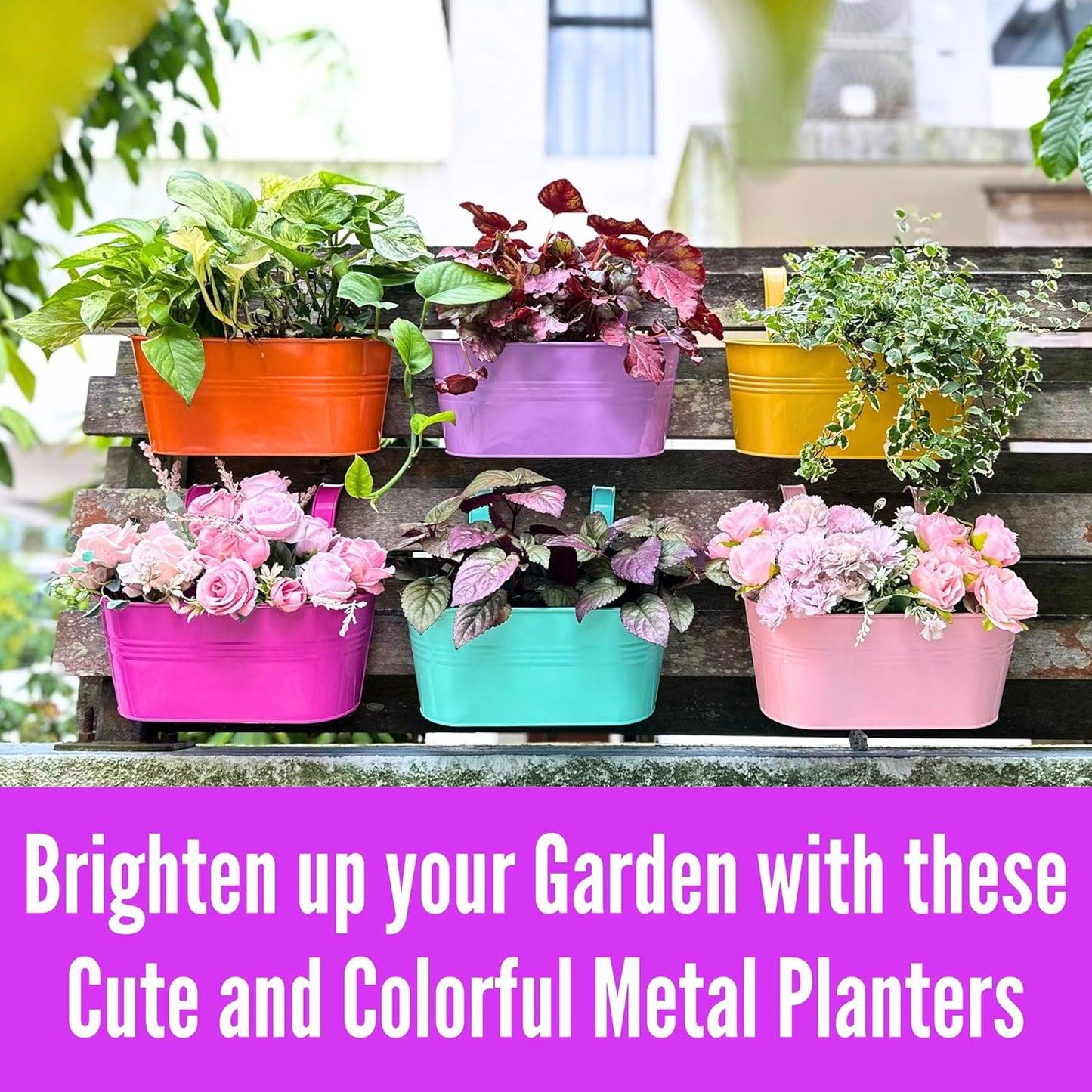 LaLaGreen Outdoor Hanging Planter (11.2 Inch, 6 Pack) Light Pink, Light Purple, Turquoise, Neon Pink, Yellow, Orange Metal Iron Window Box Flower Pot Deck Railings Fence Buckets Porch Garden Decor