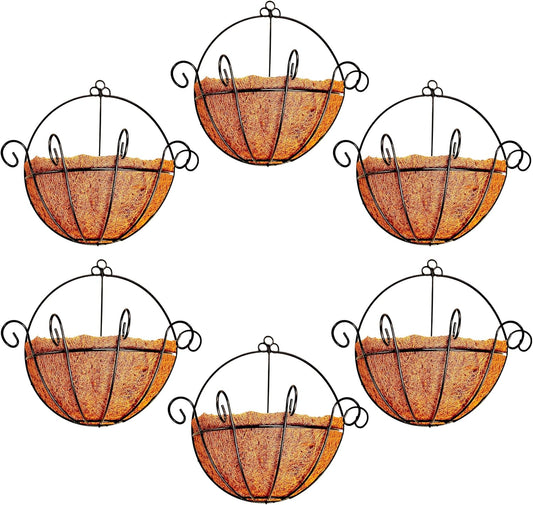 Shoplala Wall Planters Outdoor Plants (6 Pack, 10 Inch) Balcony Planters Railing Hanging Fence Planter Over Railing with Coco Liner, Wall Mounted Flower Basket Black Metal Wire Deck Porch Patio Garden