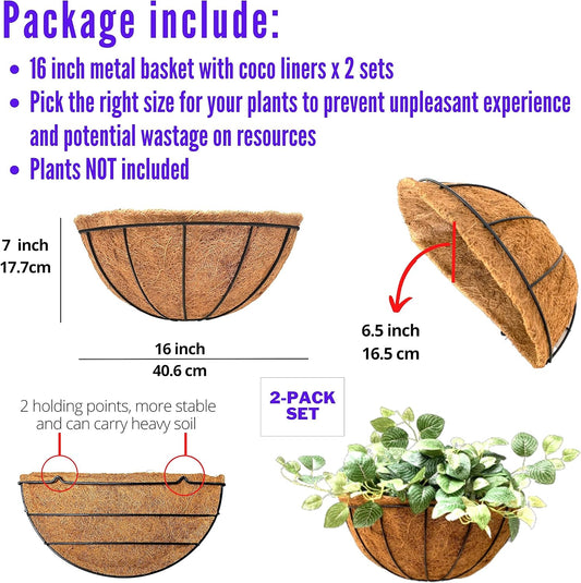 LaLaGreen 16 Inch Large Wall Planter, 2 Pack Rail Hanging Pot with Coco Liner, Black Metal Wall Mounted Flower Basket Box Outdoor Outside Fence Railing Plant Holder Deck Porch Patio Balcony Garden
