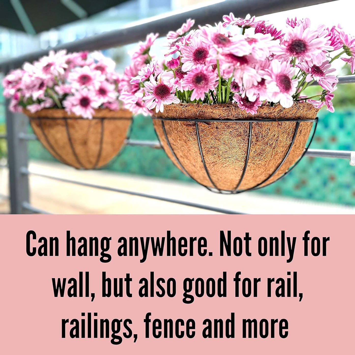 LaLaGreen 16 Inch Large Wall Planter, 2 Pack Rail Hanging Pot with Coco Liner, Black Metal Wall Mounted Flower Basket Box Outdoor Outside Fence Railing Plant Holder Deck Porch Patio Balcony Garden