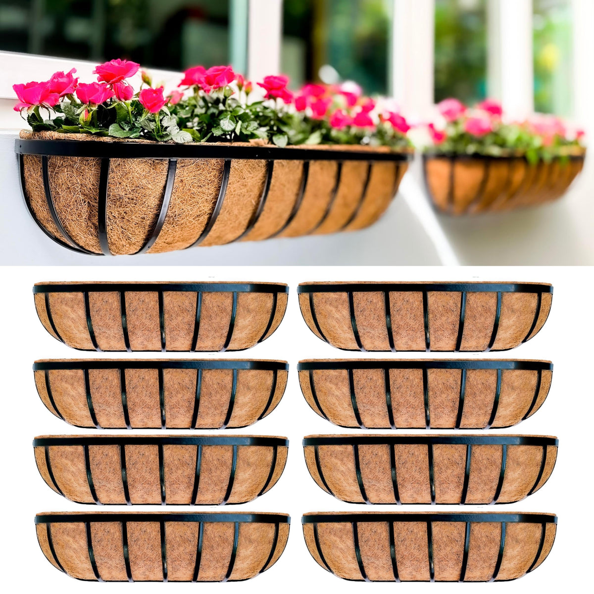 LaLaGreen Black Metal Wall Planter (24 in, 8 Pack) Window Flower Box Holder