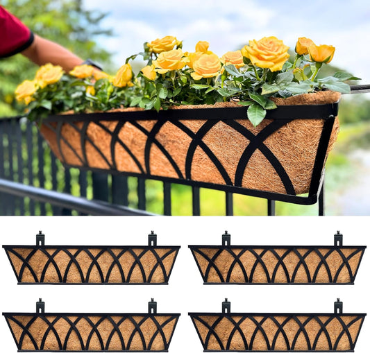 LaLaGreen Deck Railing Planter Boxes (30 Inch, 4 Pack) Wall Hanging Planters for Outdoor Plants, Black Metal Rectangular Window Flower Box with Coco Liner, Horse Trough Rail Fence Porch Patio Decor